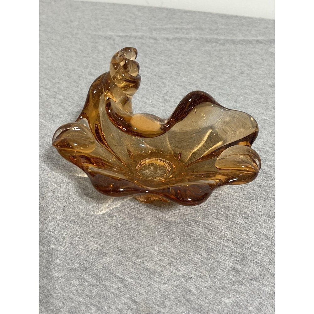 Vintage Amber Art Glass Bowl Ashtray 7" Mid Century Hand Blown Swirl Dish Decor